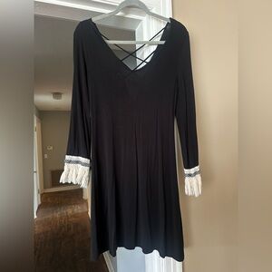 Black Long-Sleeve V‑Neck Dress with Fringe Sleeve Detail